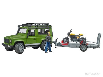Bruder Land Rover Defender mit Anhänger und Scrambler Ducati Full Throttle mit Fahrer